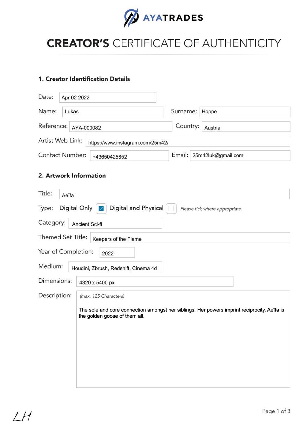 Certificate of Authenticity and Consignment - Aeifa