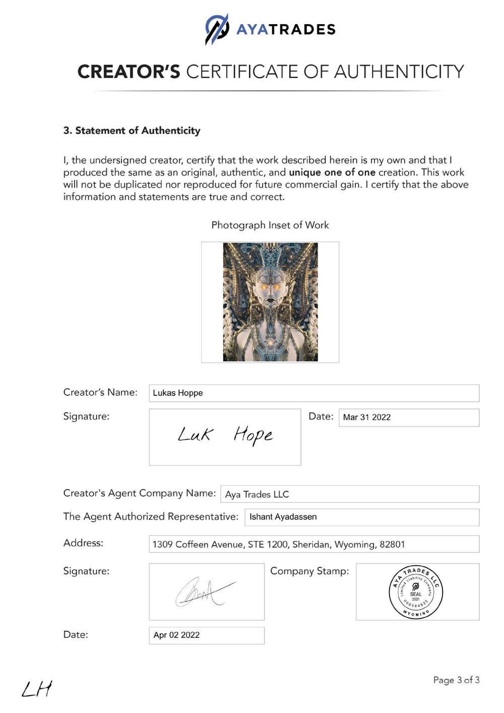 Certificate of Authenticity and Consignment - Aeifa
