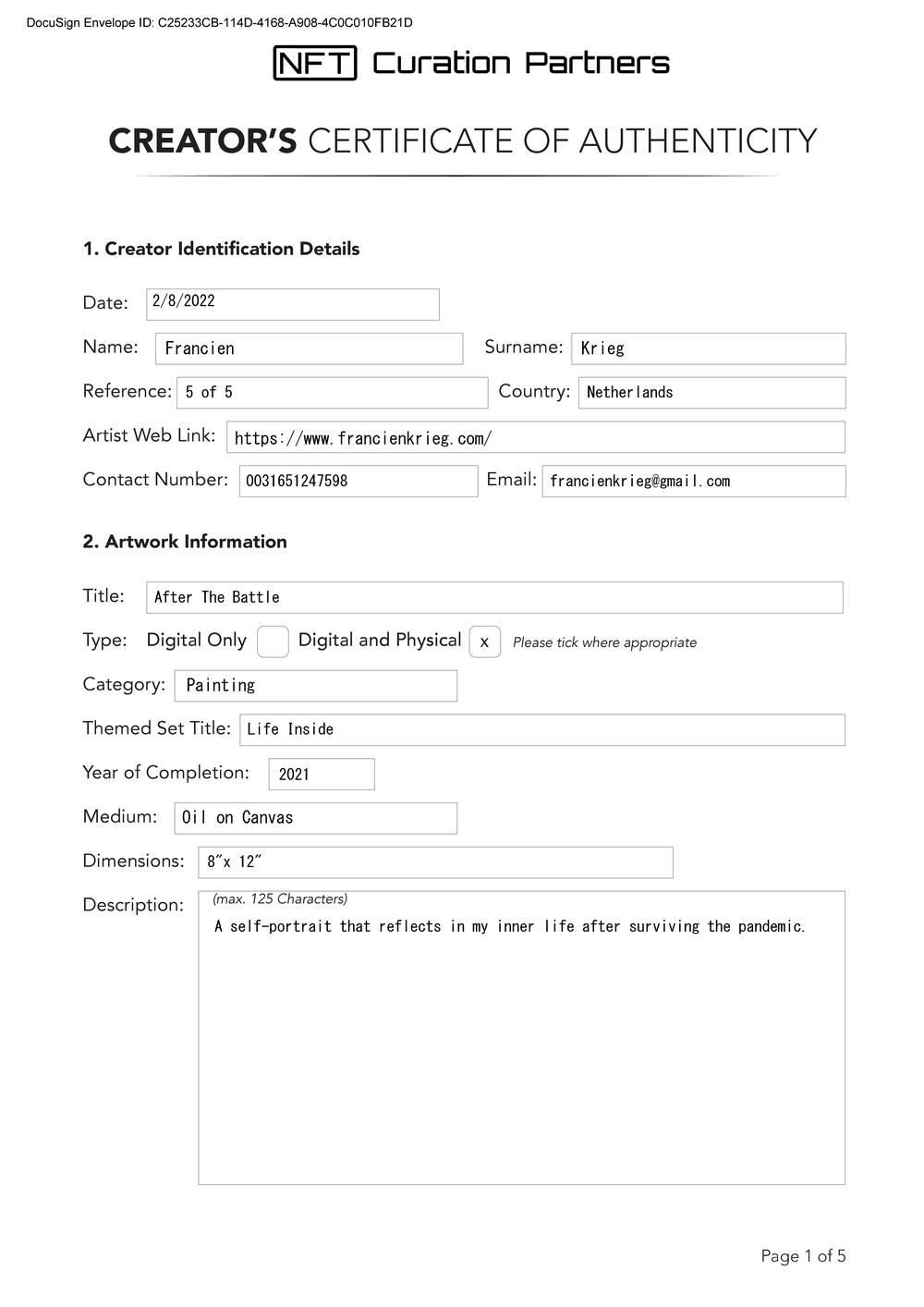 Certificate of Authenticity and Consignment - After The Battle