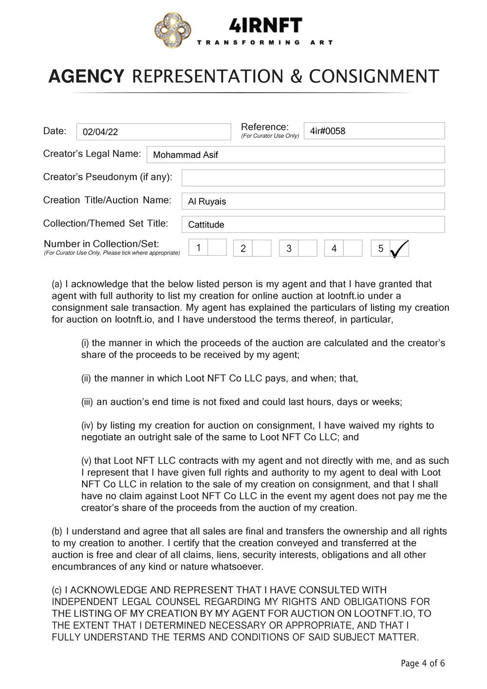 Certificate of Authenticity and Consignment - Al Ruyais