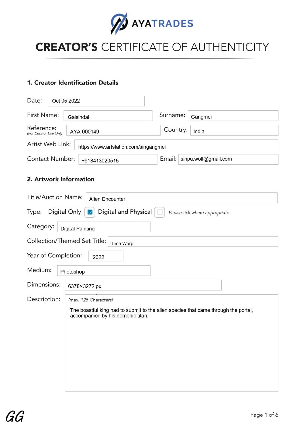 Certificate of Authenticity and Consignment - Alien Encounter