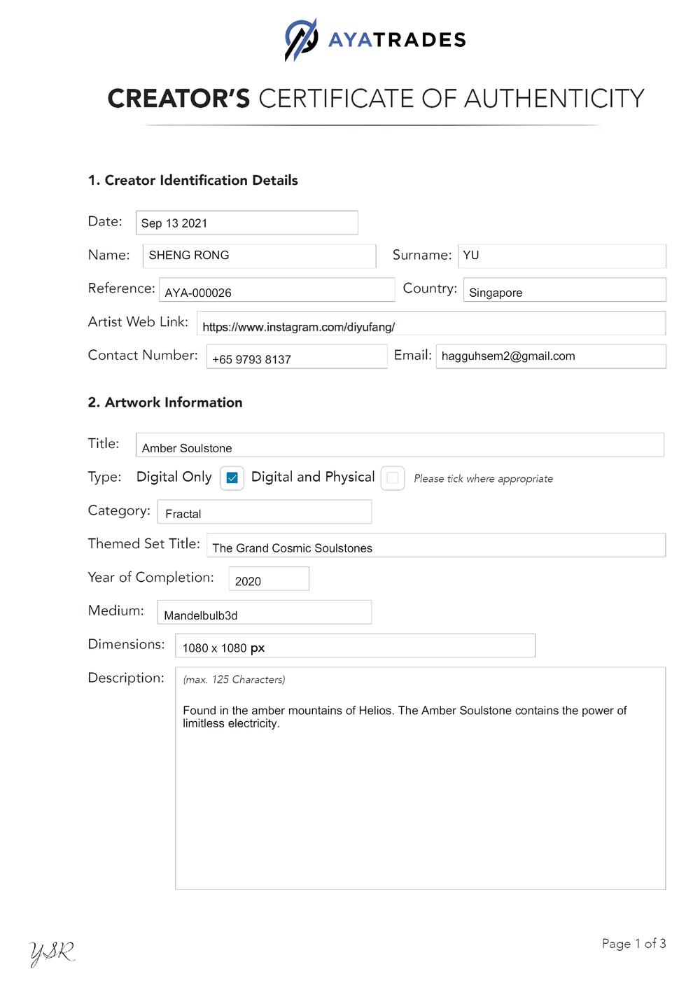 Certificate of Authenticity and Consignment - Amber Soulstone