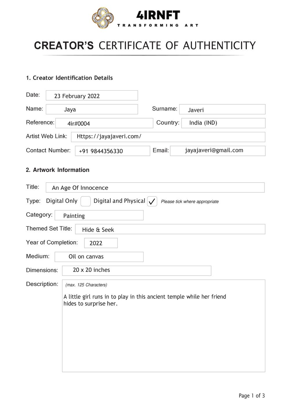 Certificate of Authenticity and Consignment - An Age Of Innocence