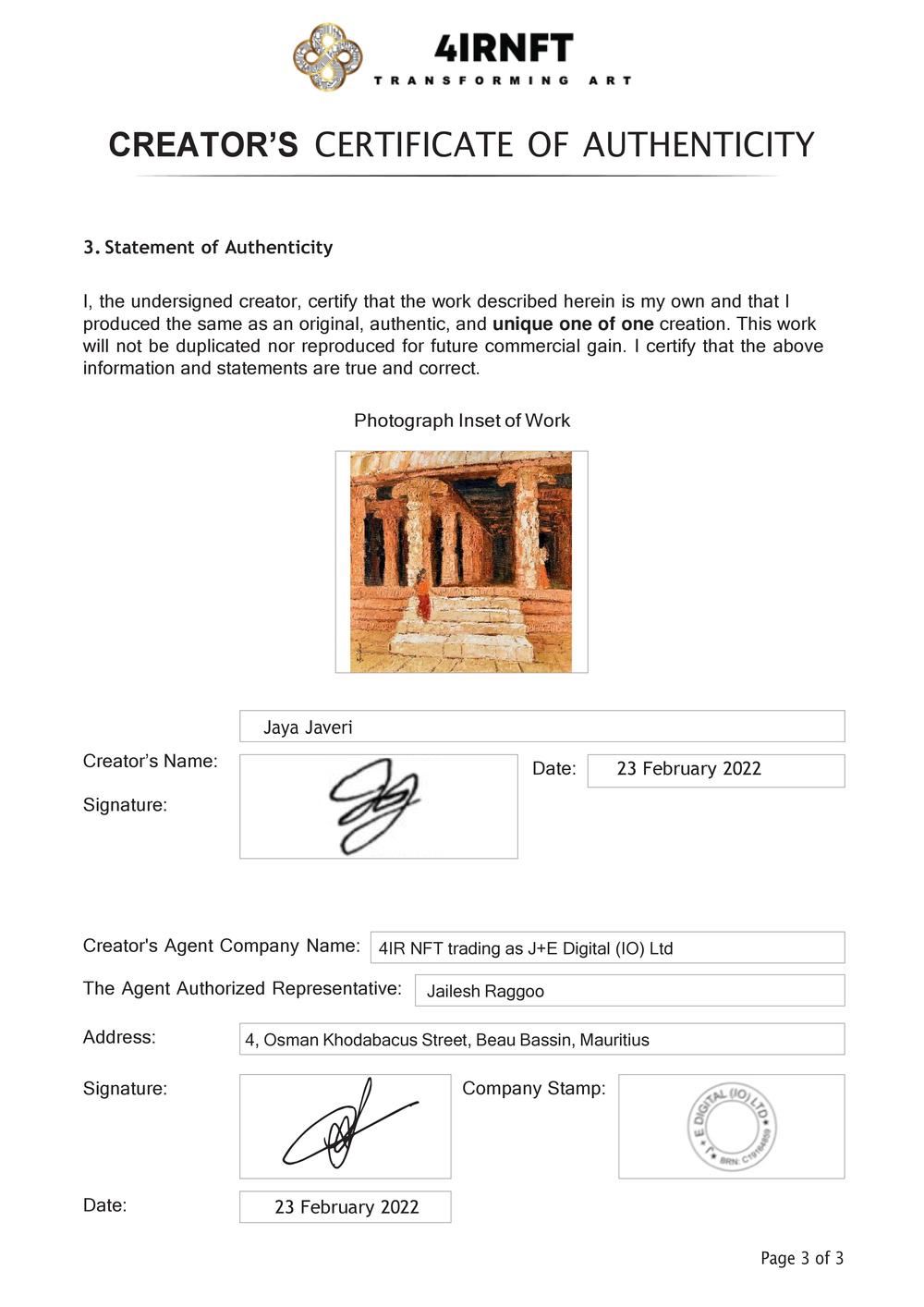 Certificate of Authenticity and Consignment - An Age Of Innocence