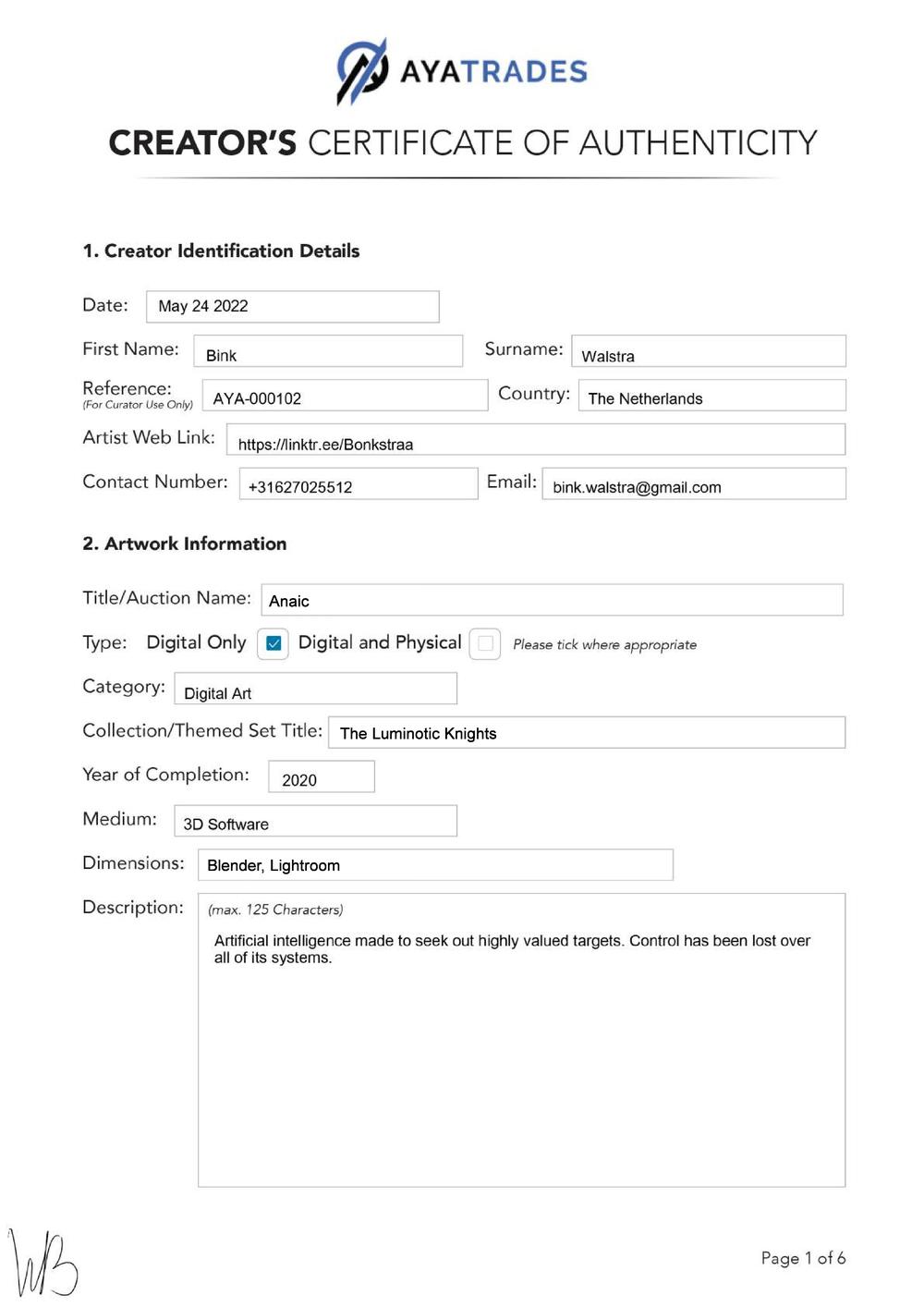 Certificate of Authenticity and Consignment - Anaic