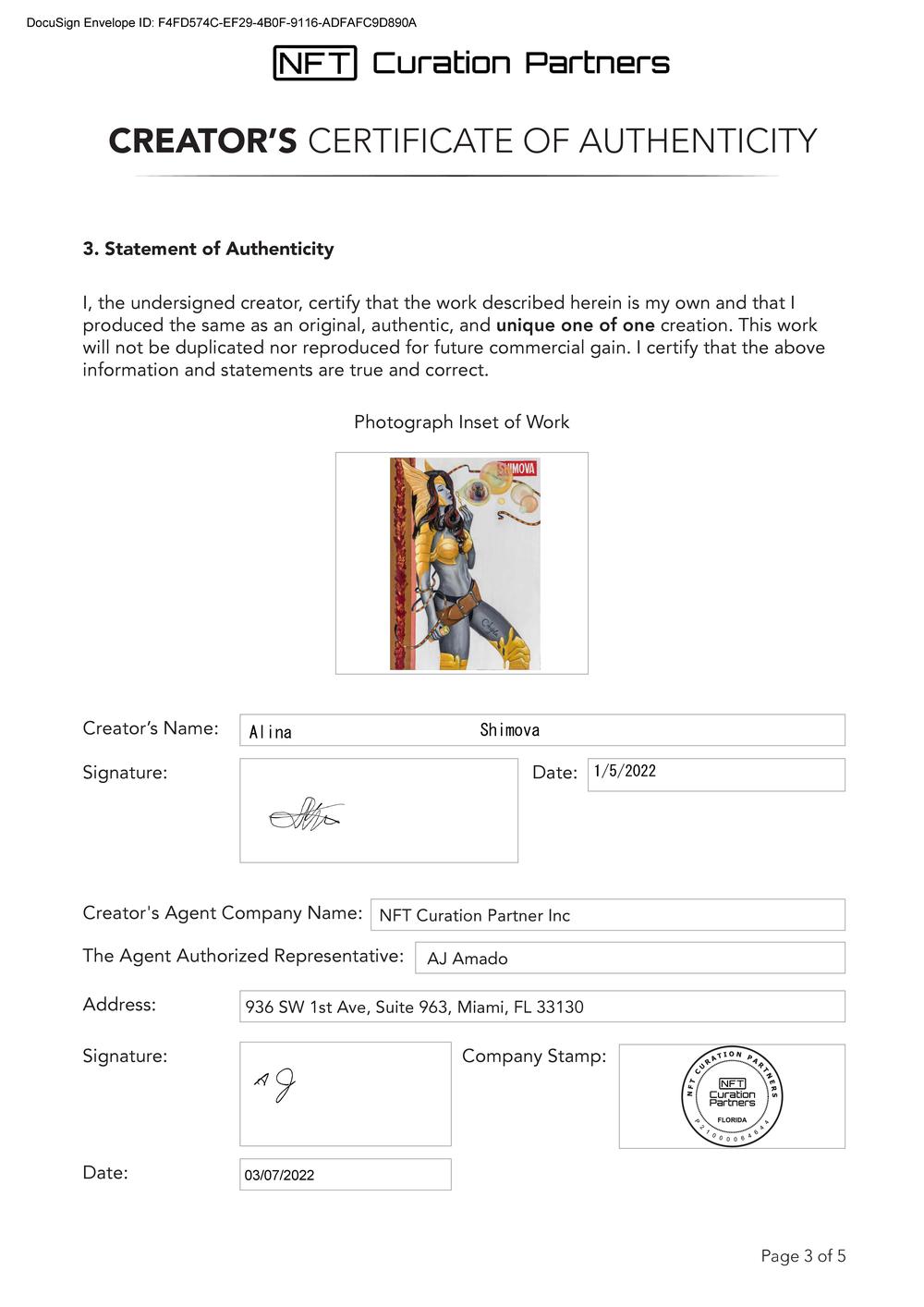 Certificate of Authenticity and Consignment - Angela