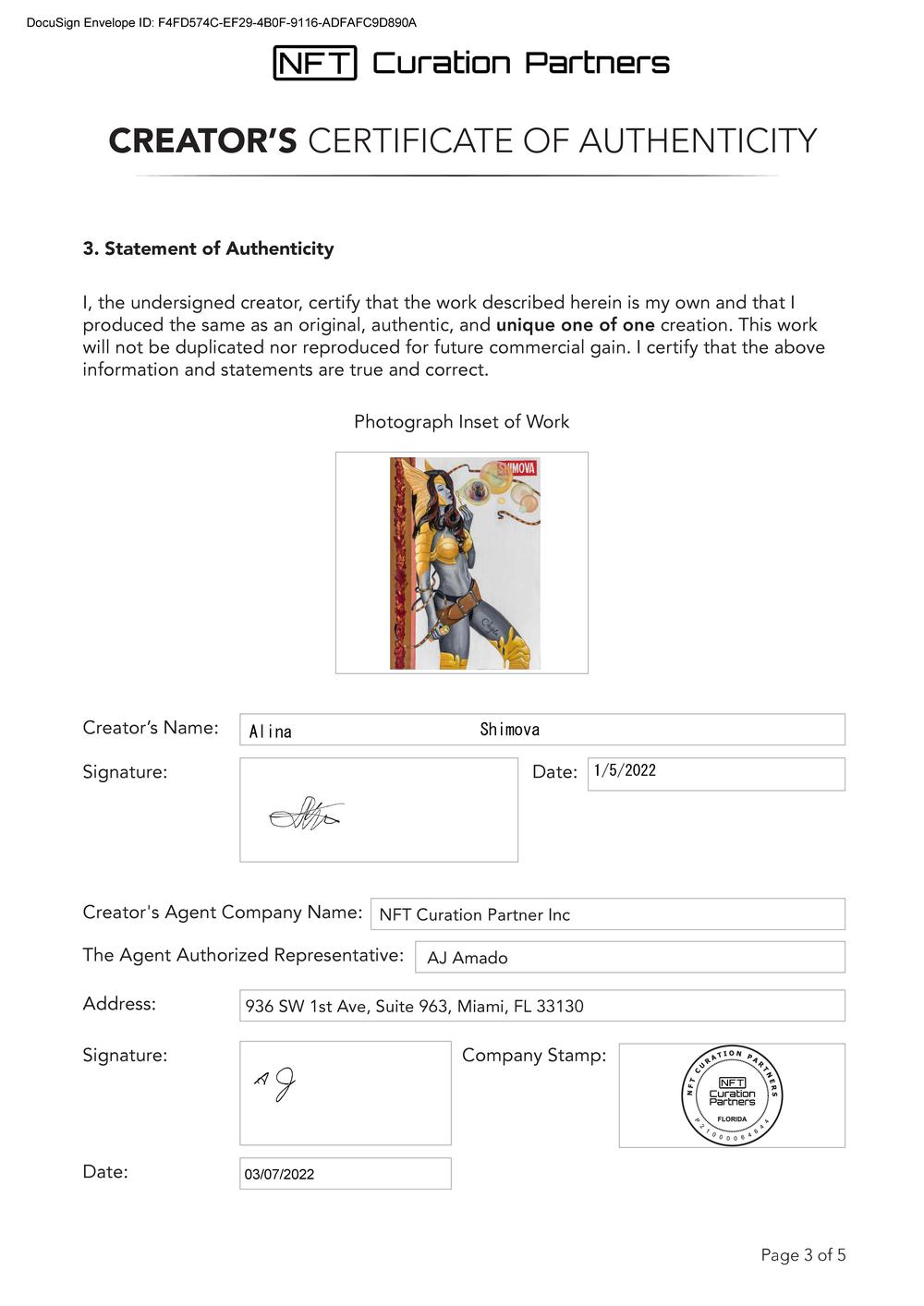 Certificate of Authenticity and Consignment - Angela