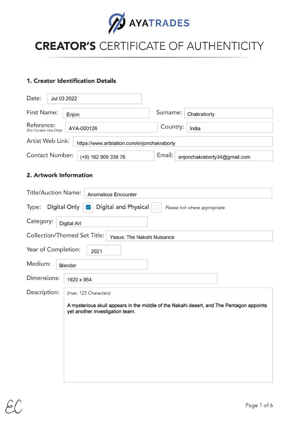 Certificate of Authenticity and Consignment - Anomalous Encounter