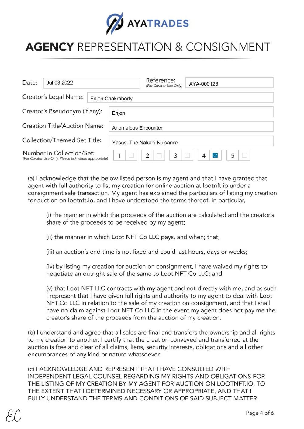 Certificate of Authenticity and Consignment - Anomalous Encounter