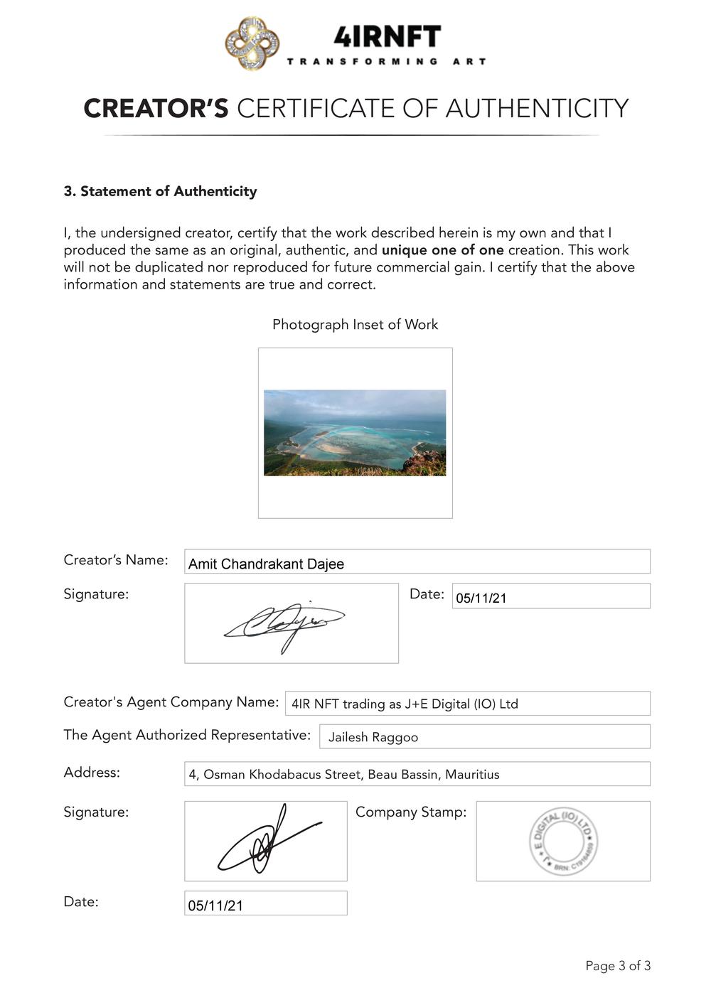 Certificate of Authenticity and Consignment Arc en Mer