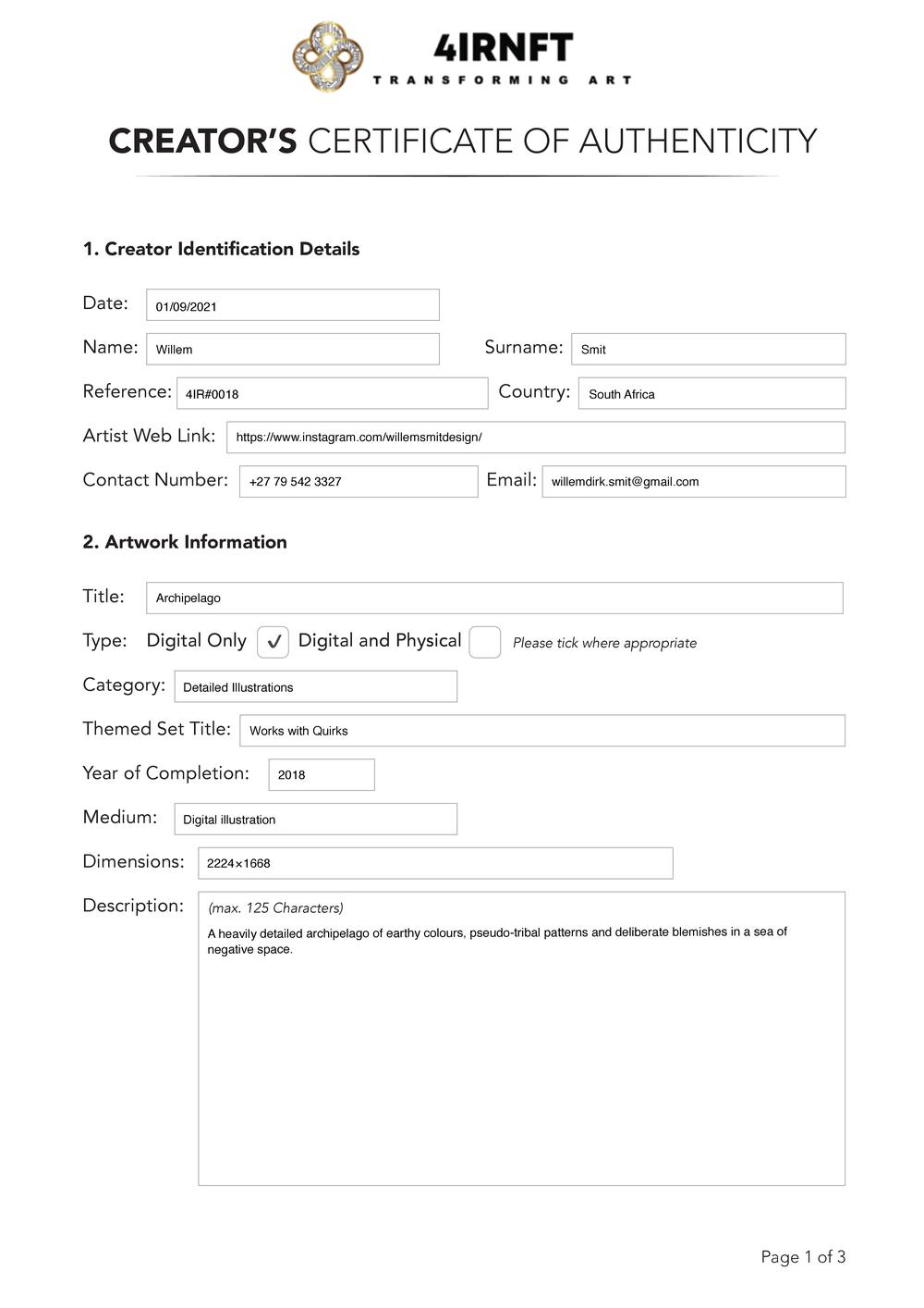 Certificate of Authenticity and Consignment Archipelago