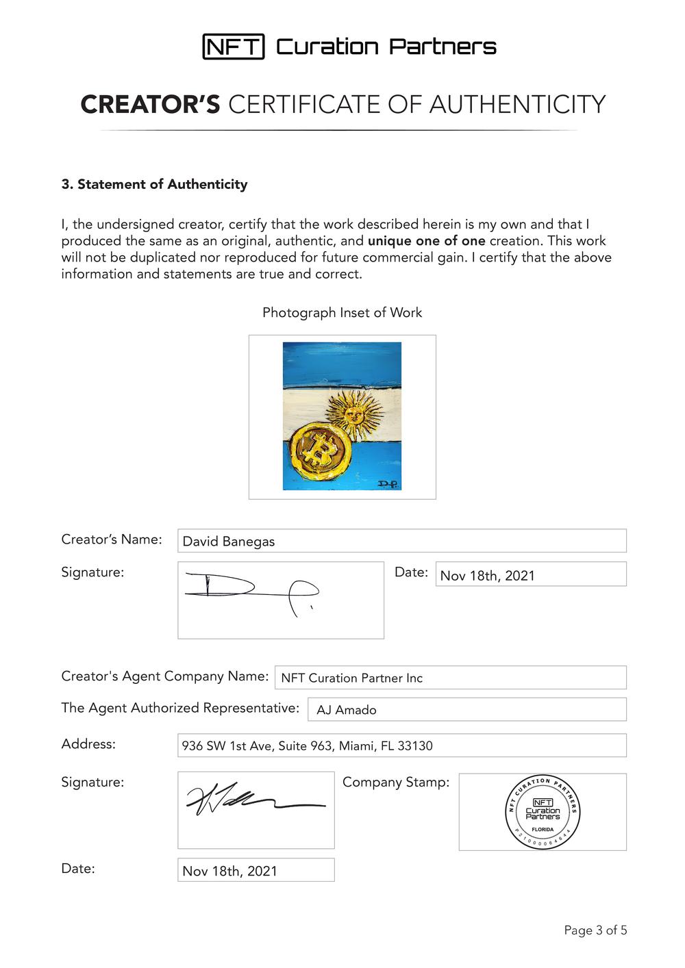 Certificate of Authenticity and Consignment - Argentina B