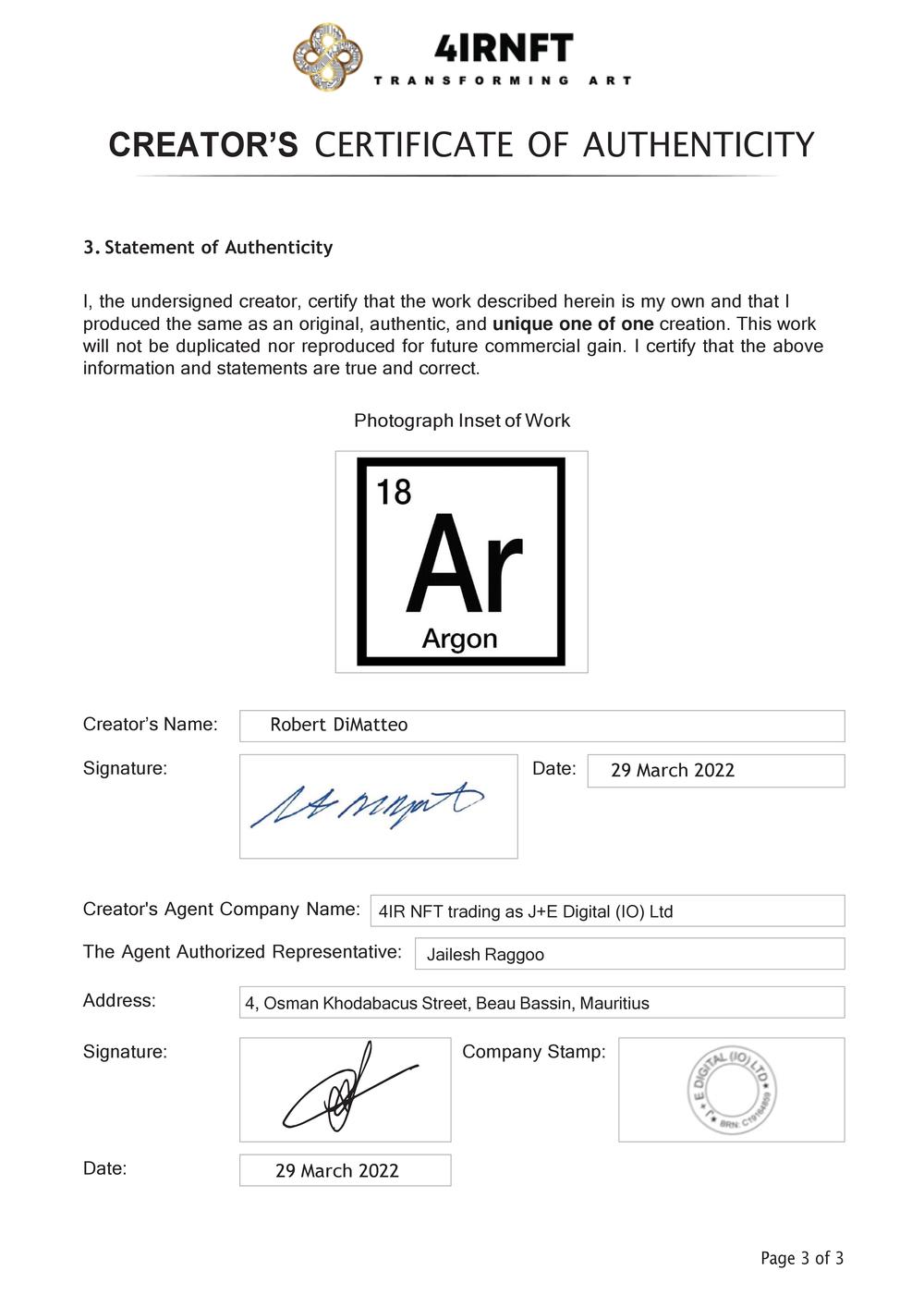 Certificate of Authenticity and Consignment - Argon