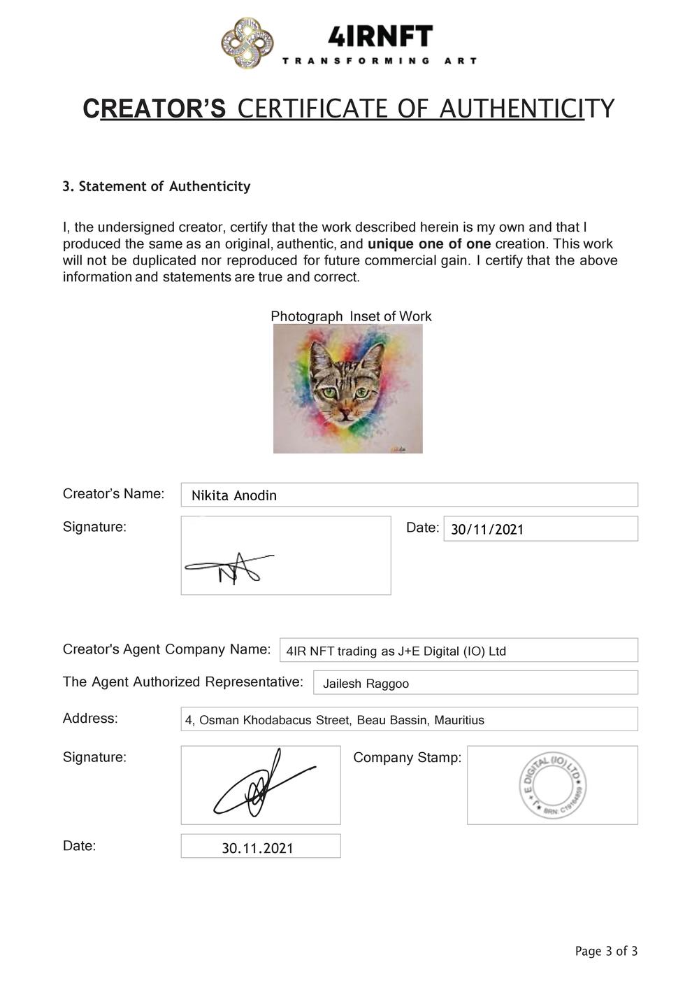 Certificate of Authenticity and Consignment - Aristocat
