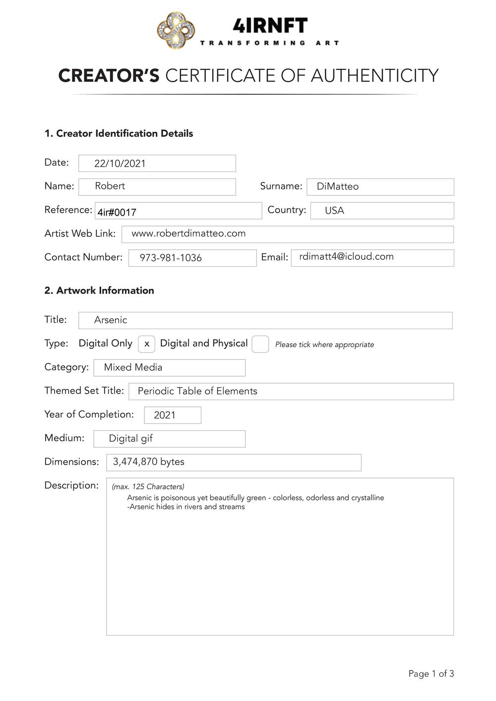 Certificate of Authenticity and Consignment - Arsenic