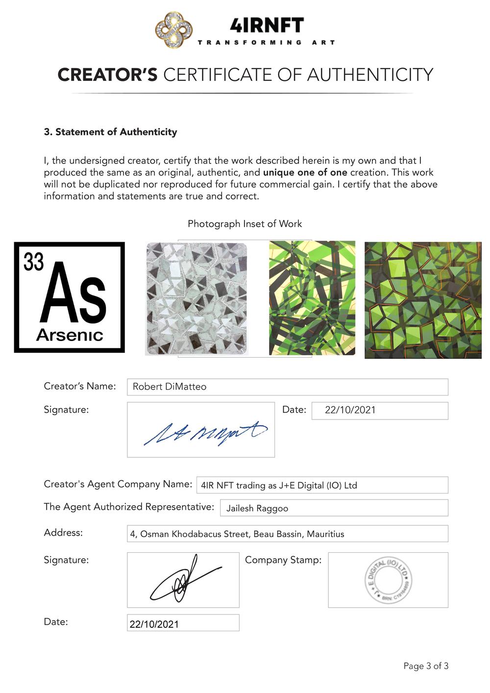 Certificate of Authenticity and Consignment - Arsenic