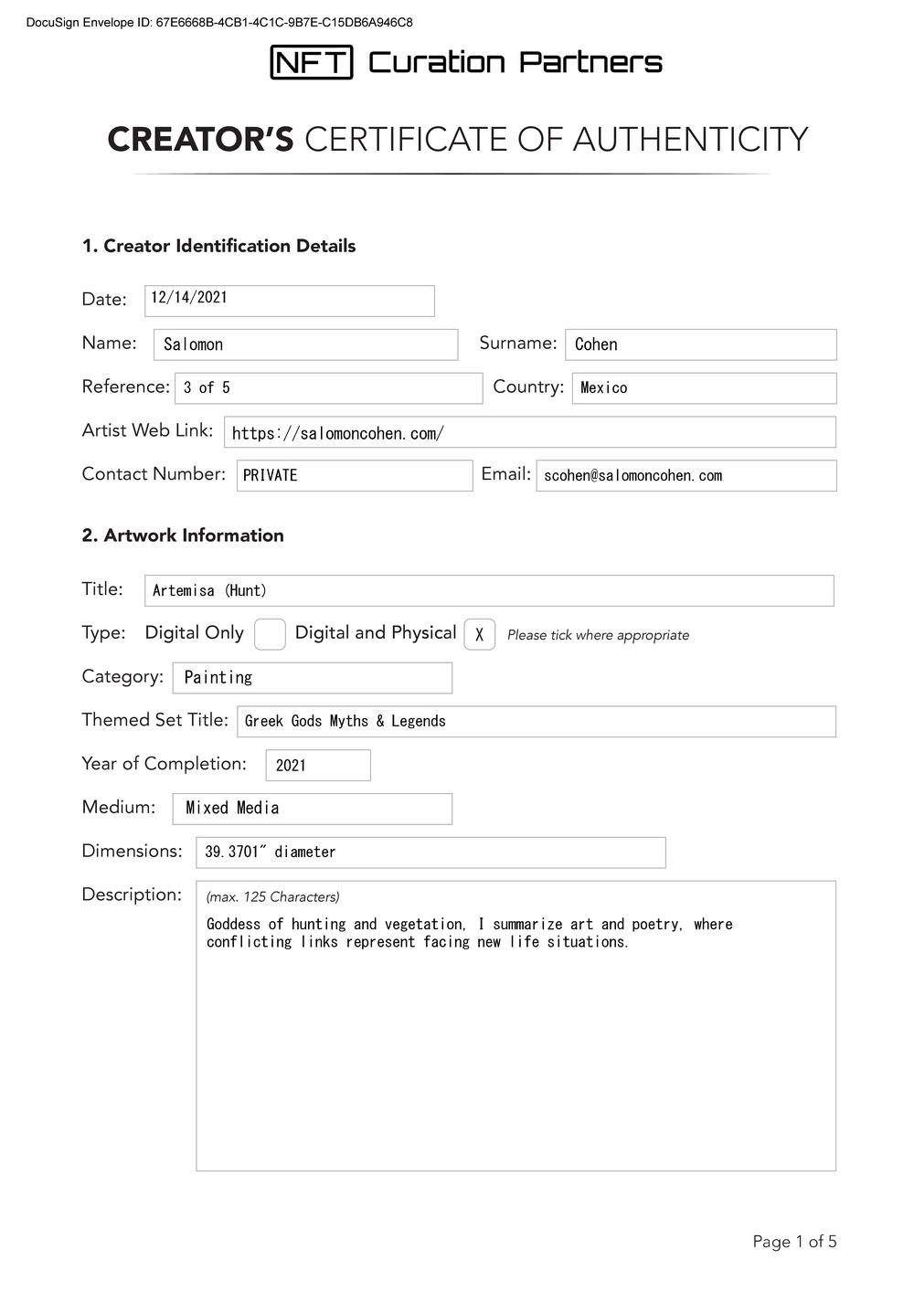 Certificate of Authenticity and Consignment - Artemisa