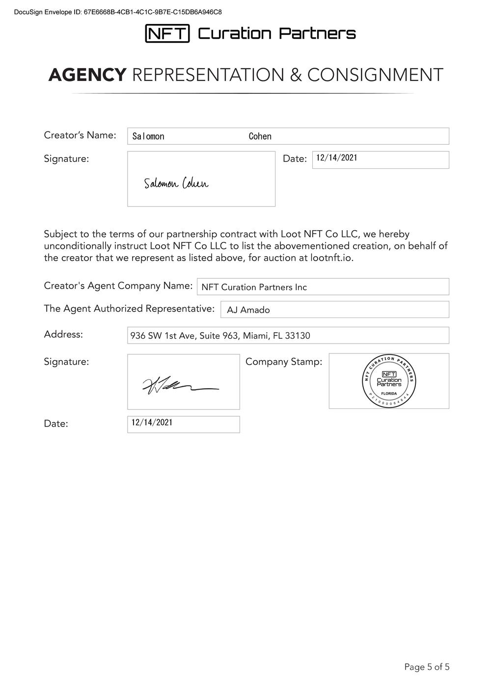 Certificate of Authenticity and Consignment - Artemisa