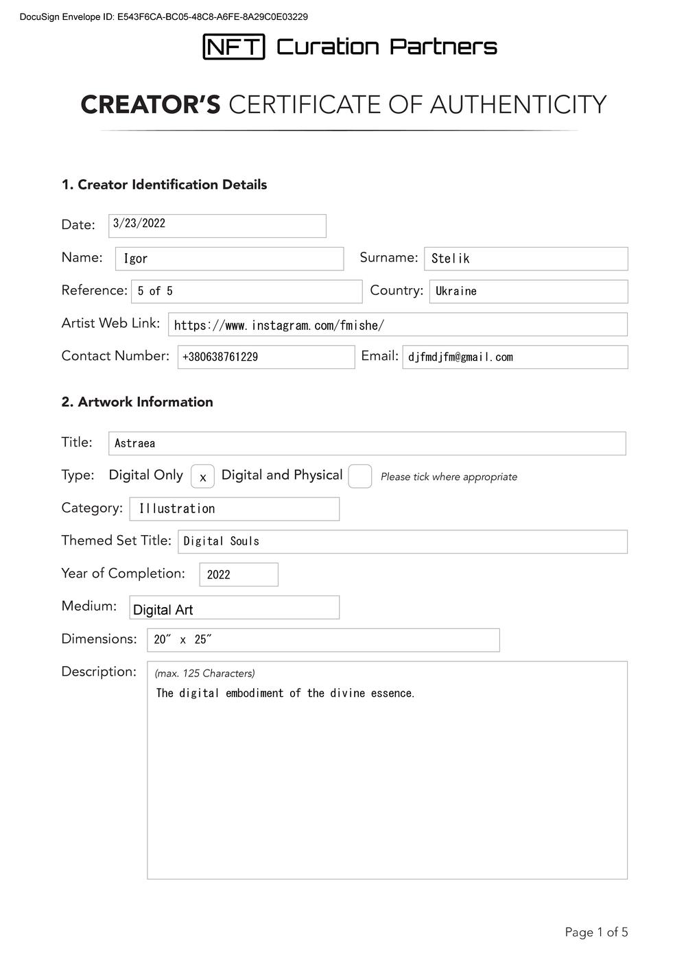 Certificate of Authenticity and Consignment - Astraea