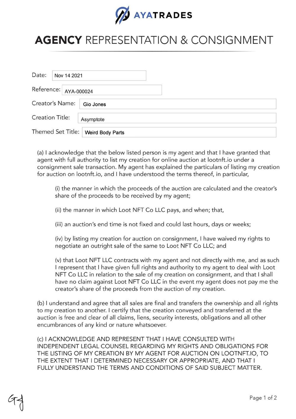 Certificate of Authenticity and Consignment - Asymptote