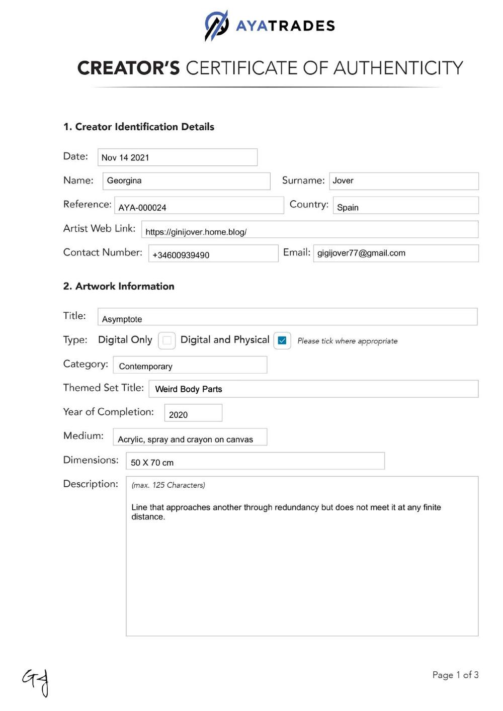 Certificate of Authenticity and Consignment - Asymptote