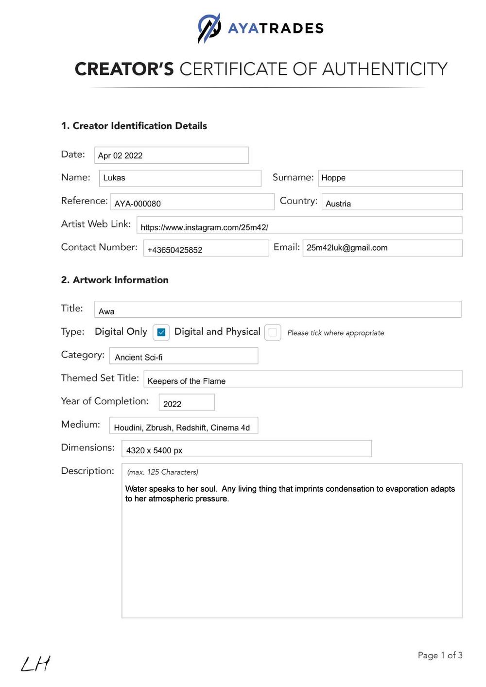 Certificate of Authenticity and Consignment - Awa - Lukas