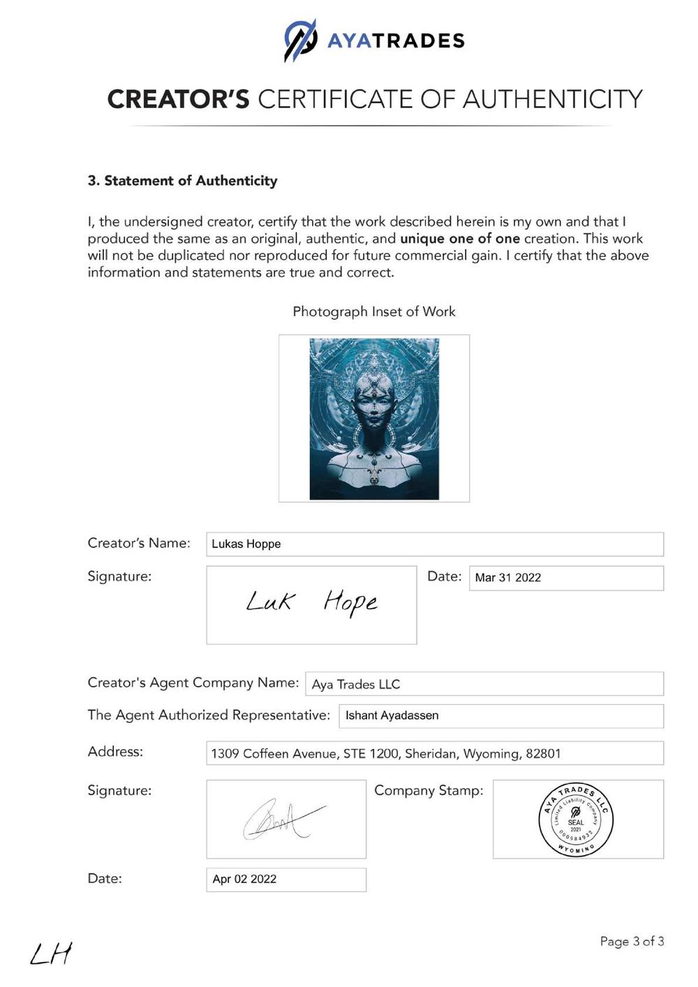 Certificate of Authenticity and Consignment - Awa - Lukas