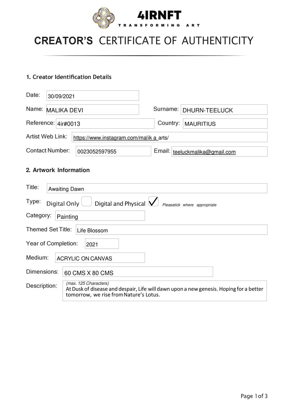 Certificate of Authenticity and Consignment - Awaiting Dawn