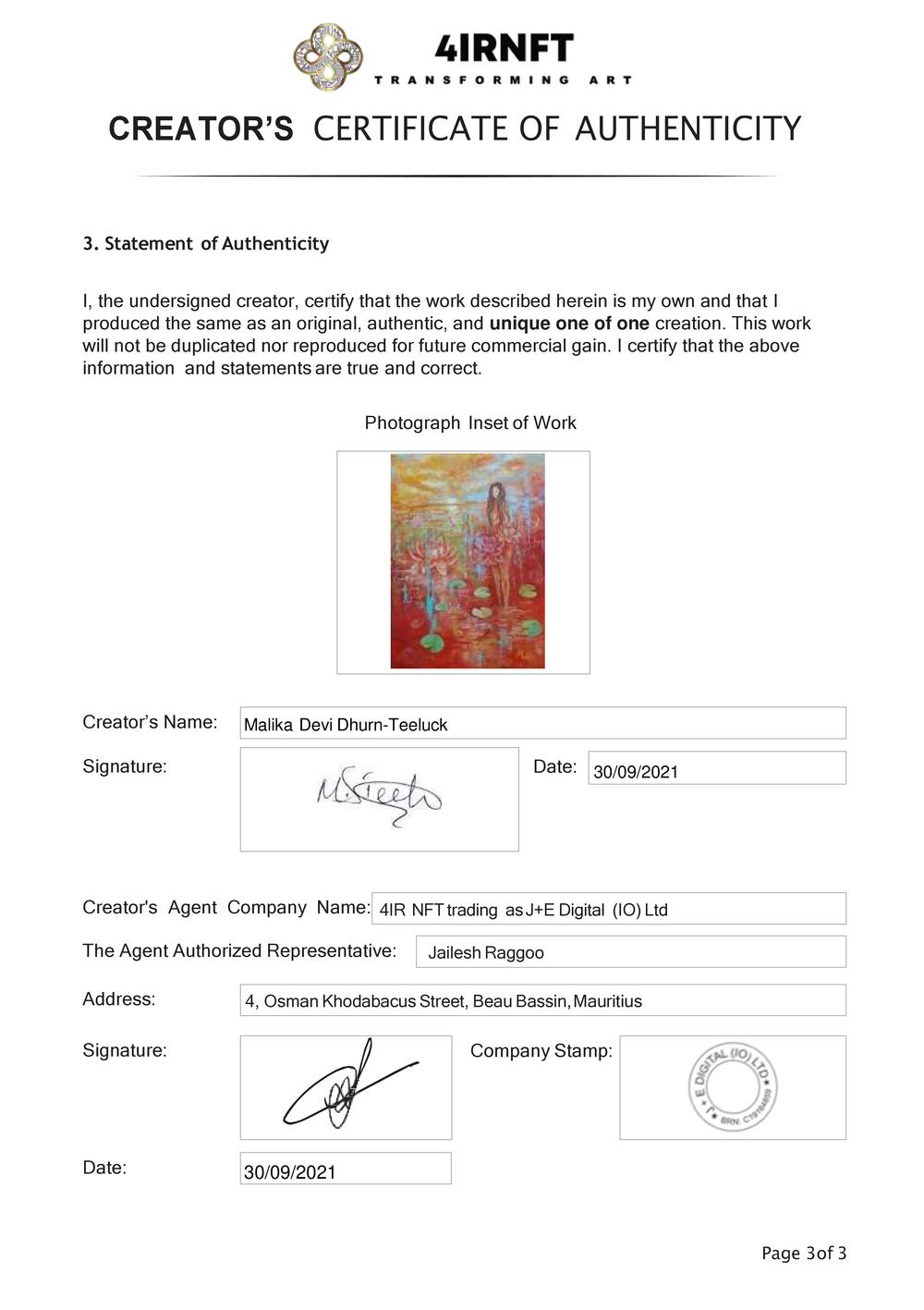 Certificate of Authenticity and Consignment - Awaiting Dawn