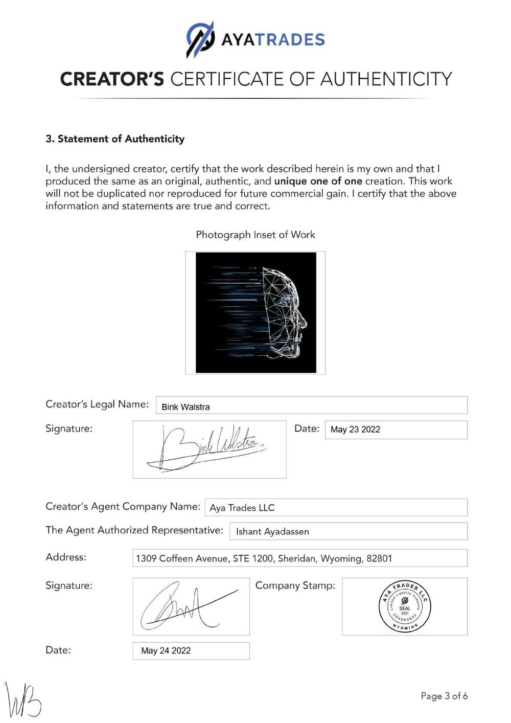 Certificate of Authenticity and Consignment - Azurebot