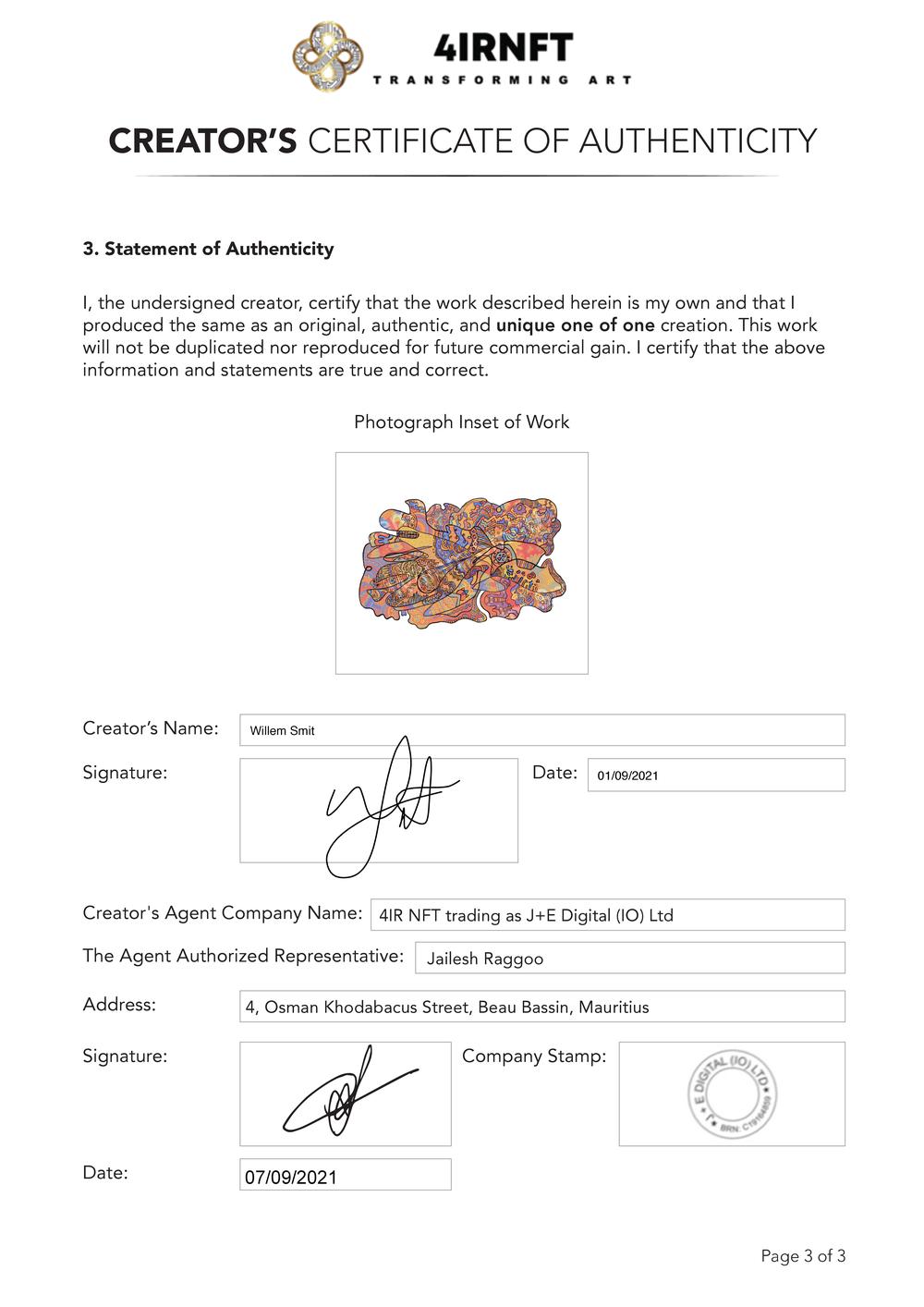 Certificate of Authenticity and Consignment Bag O Patterns