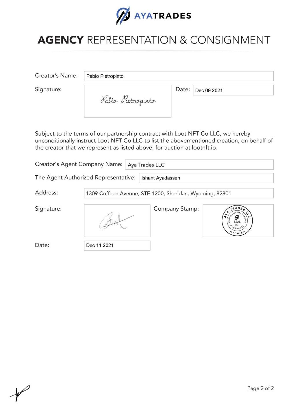 Certificate of Authenticity and Consignment - Bang Bang