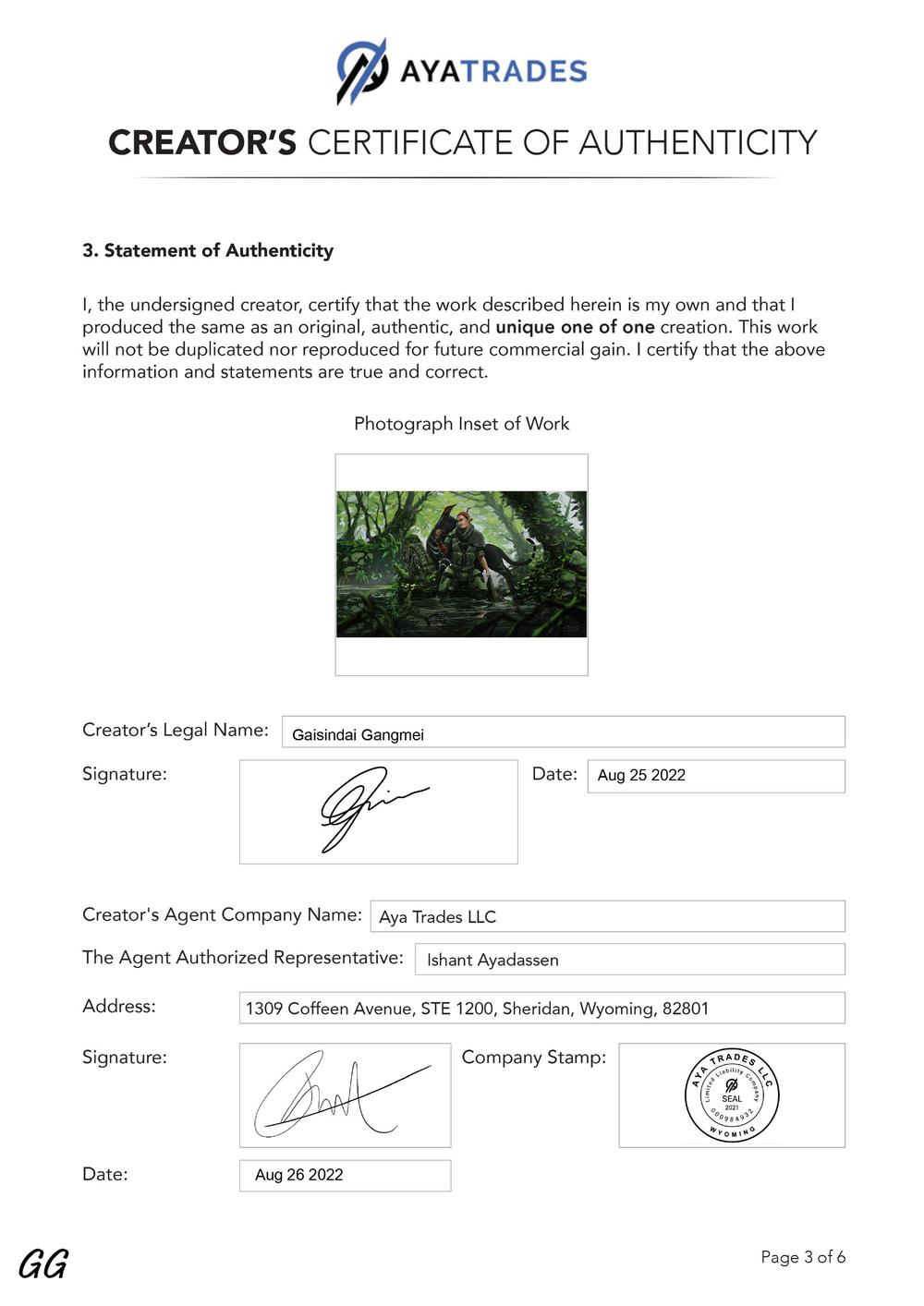 Certificate of Authenticity and Consignment - Beastly Companionship