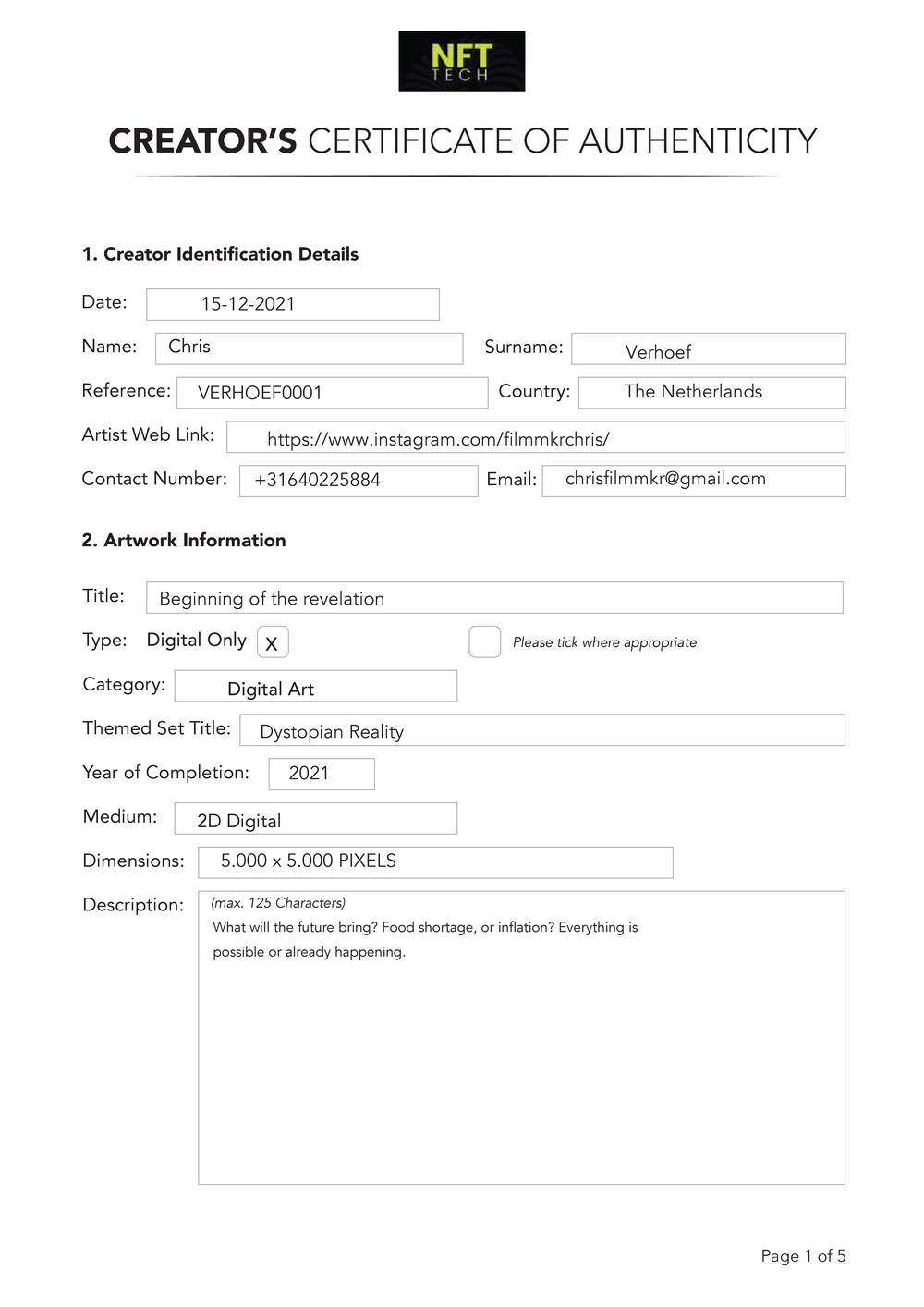 Certificate of Authenticity and Consignment - Beginning of the Revelation