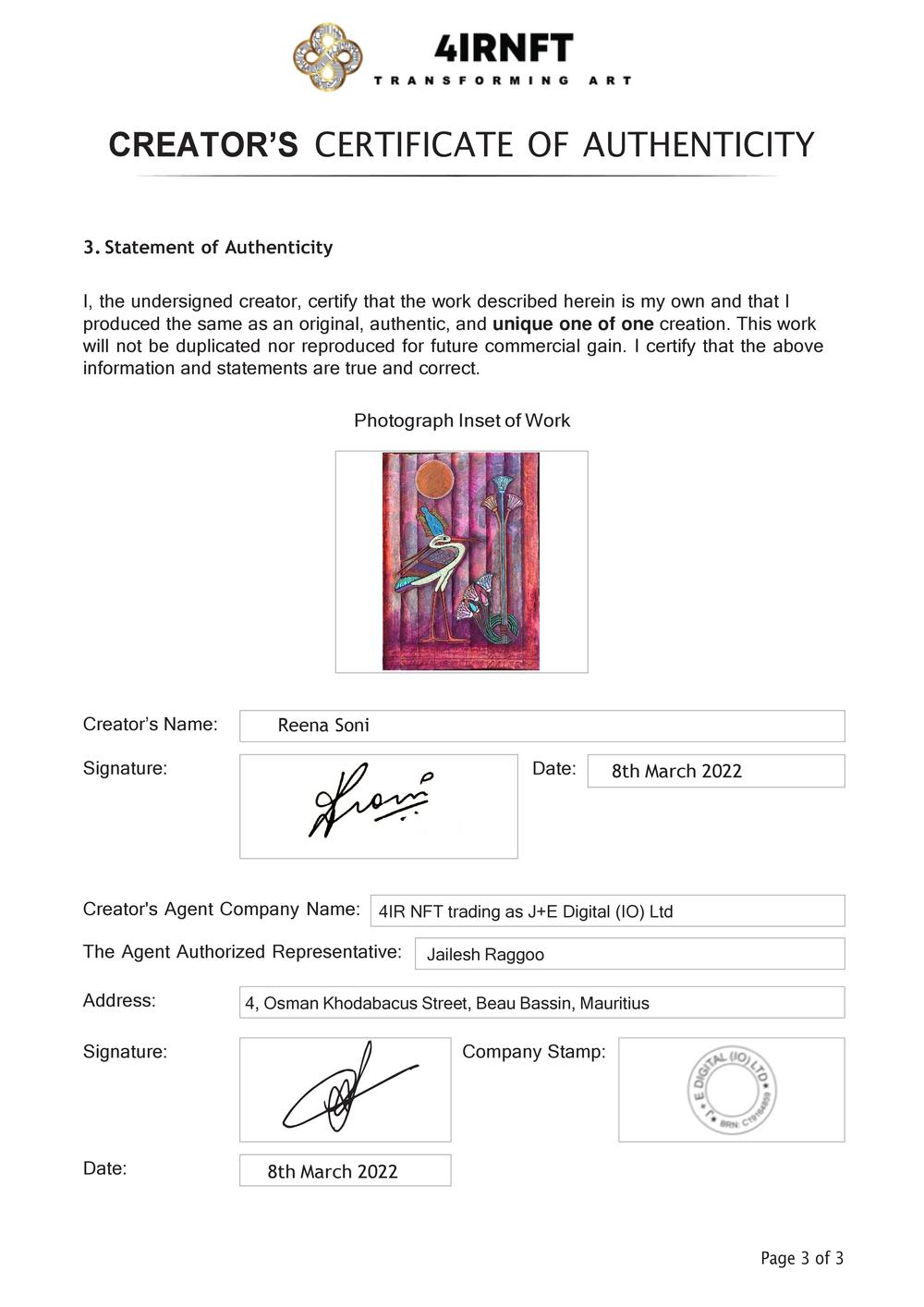 Certificate of Authenticity and Consignment - Bennu Bird