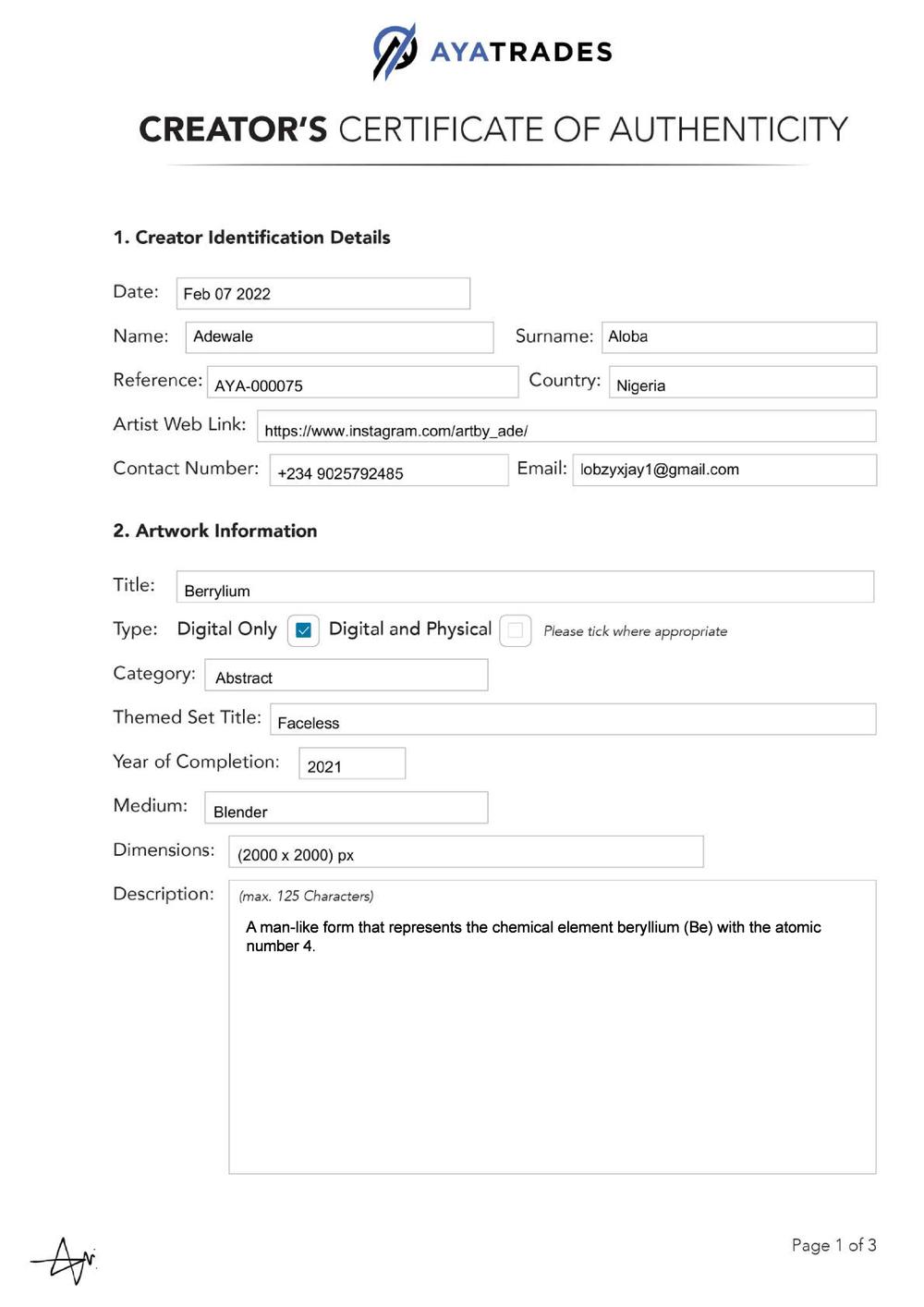 Certificate of Authenticity and Consignment - Berrylium