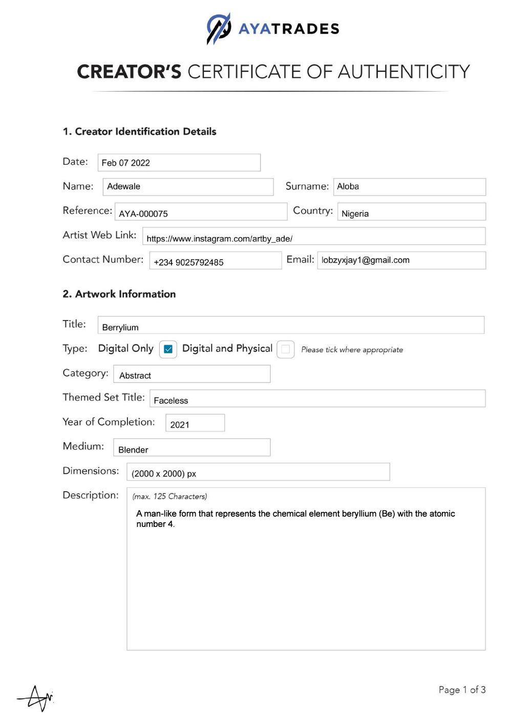 Certificate of Authenticity and Consignment - Berrylium