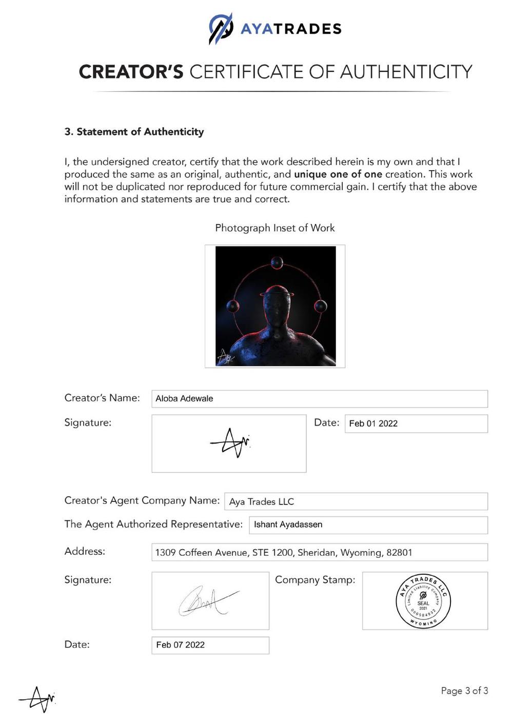 Certificate of Authenticity and Consignment - Berrylium