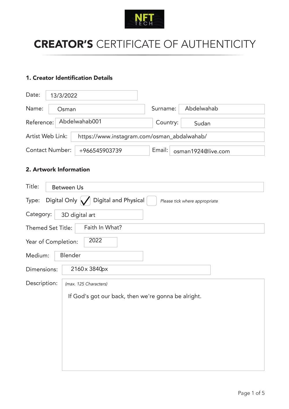 Certificate of Authenticity and Consignment - Between Us