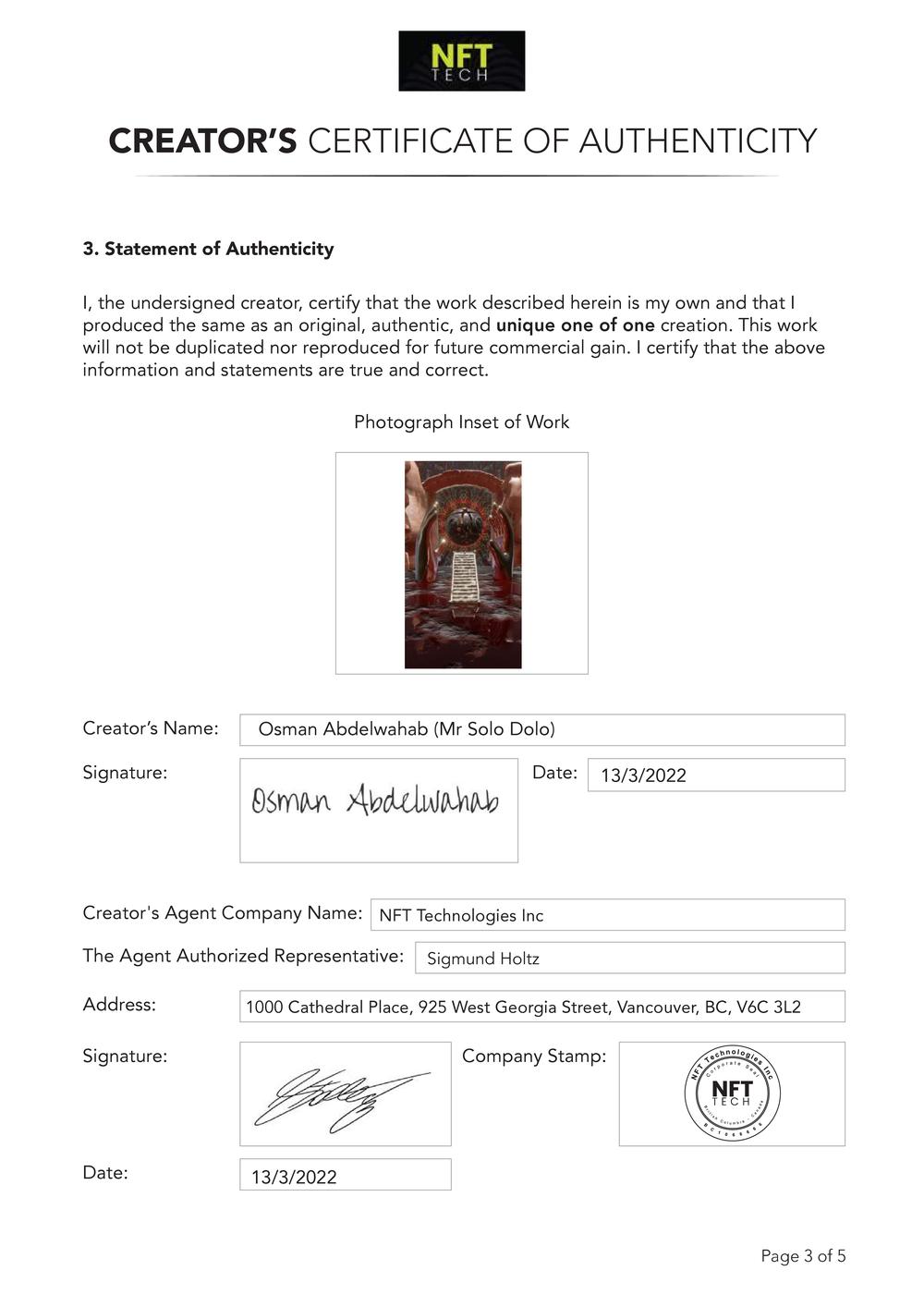 Certificate of Authenticity and Consignment - Between Us