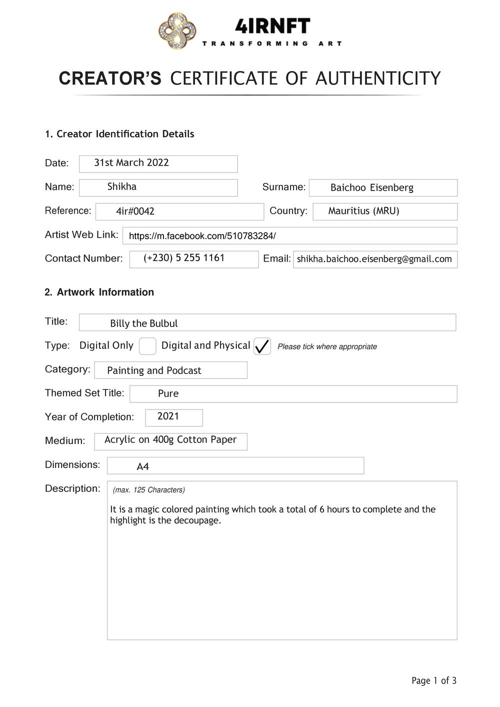 Certificate of Authenticity and Consignment - Billy the Bulbul