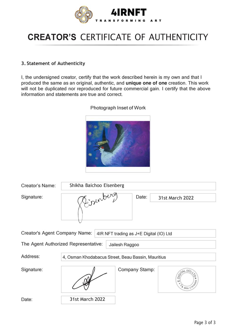 Certificate of Authenticity and Consignment - Billy the Bulbul