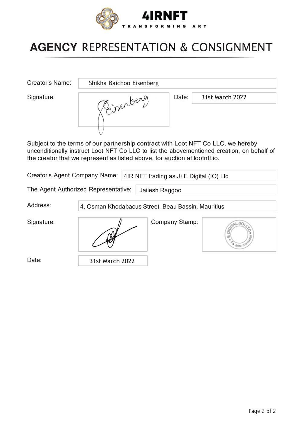 Certificate of Authenticity and Consignment - Billy the Bulbul