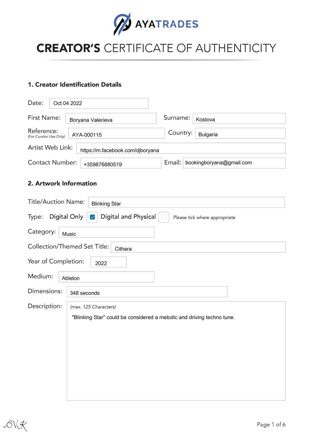 Certificate of Authenticity and Consignment - Blinking Star