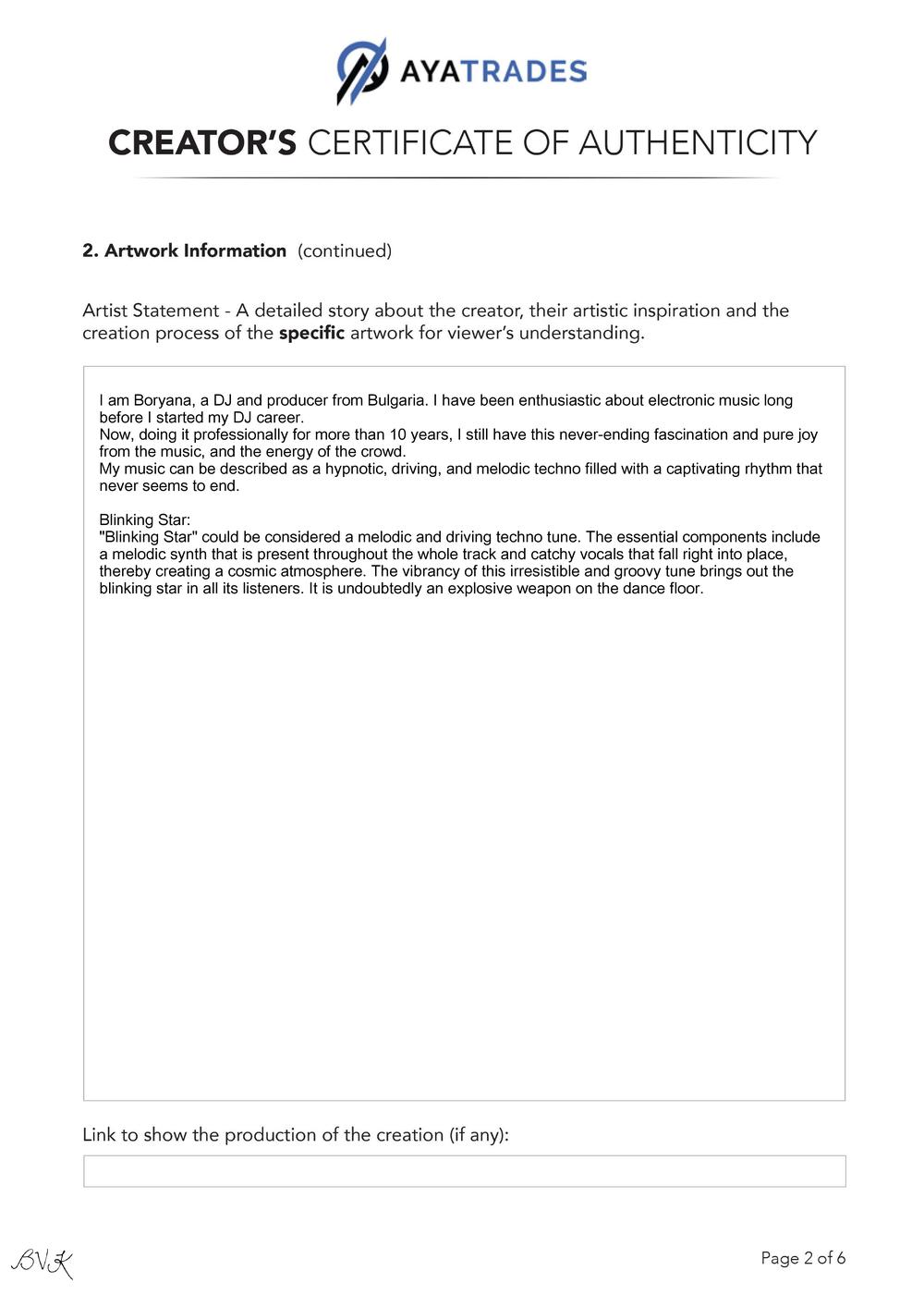Certificate of Authenticity and Consignment - Blinking Star