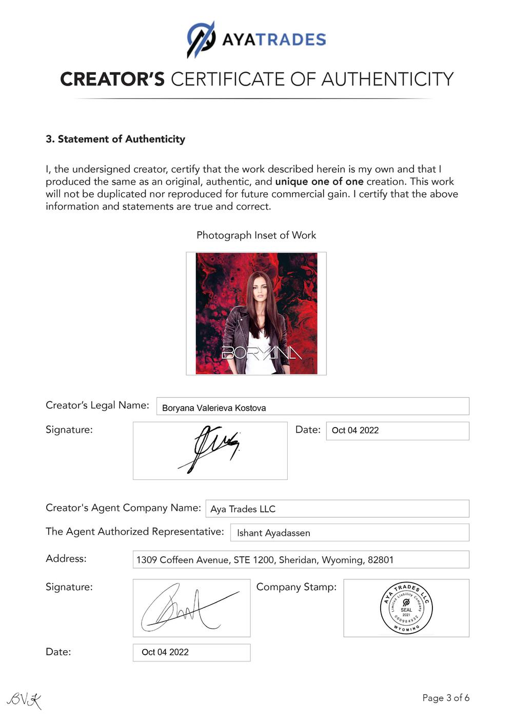 Certificate of Authenticity and Consignment - Blinking Star
