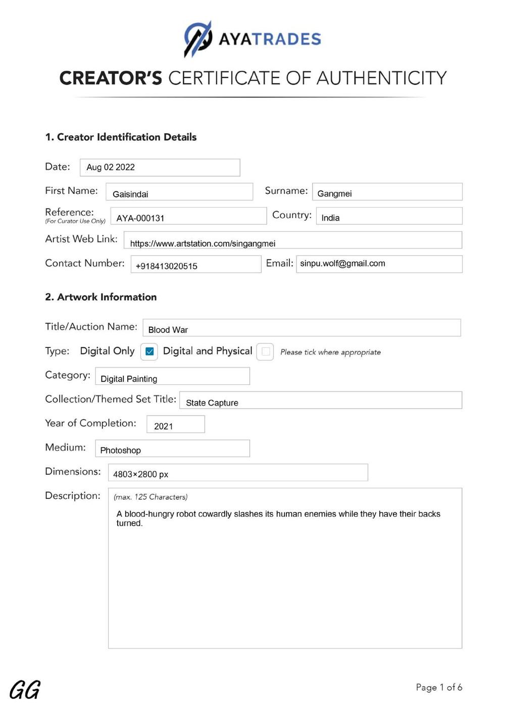 Certificate of Authenticity and Consignment - Blood War