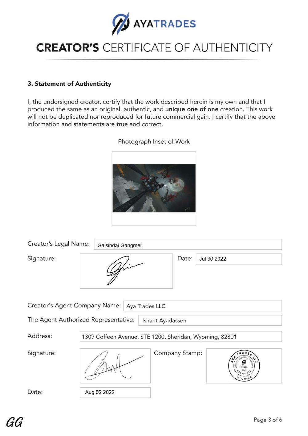 Certificate of Authenticity and Consignment - Blood War