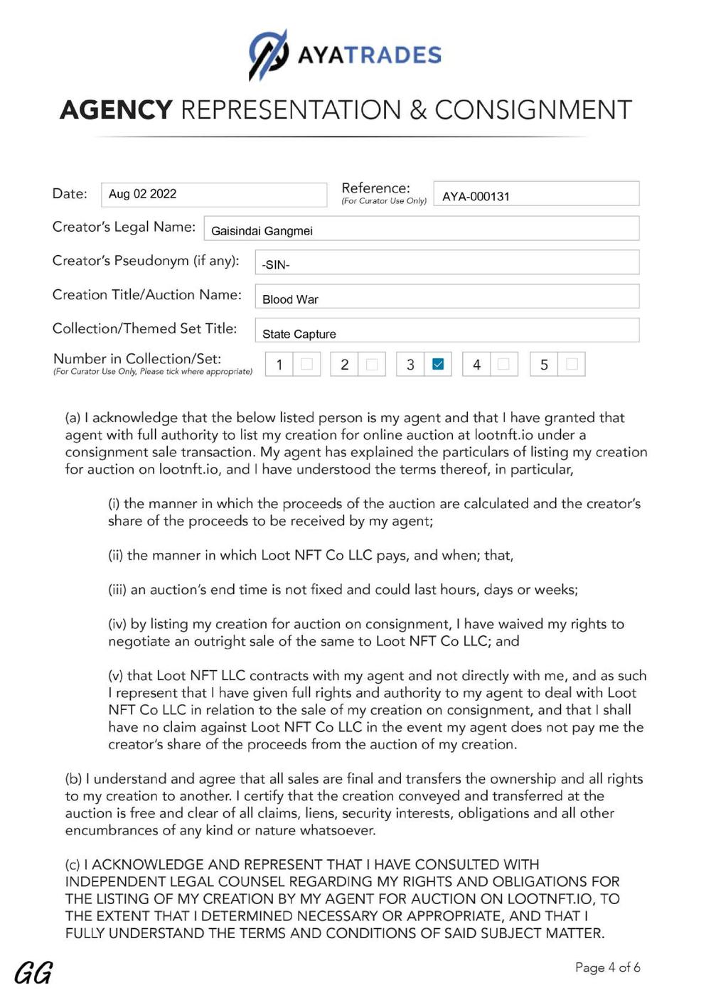 Certificate of Authenticity and Consignment - Blood War