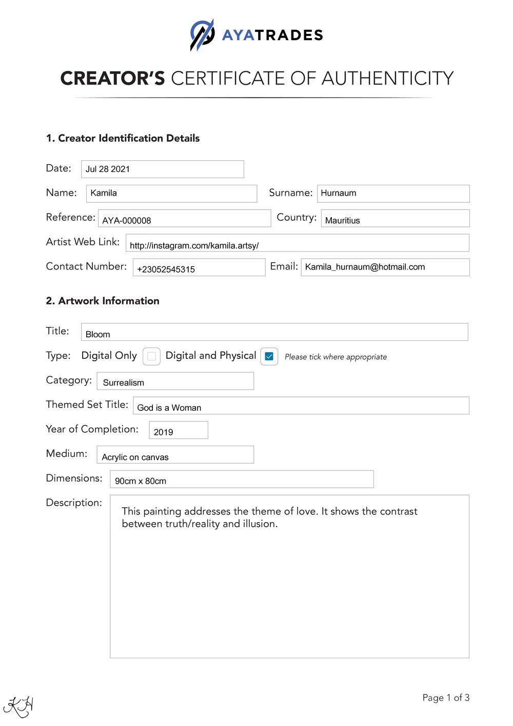 Certificate of Authenticity and Consignment Bloom